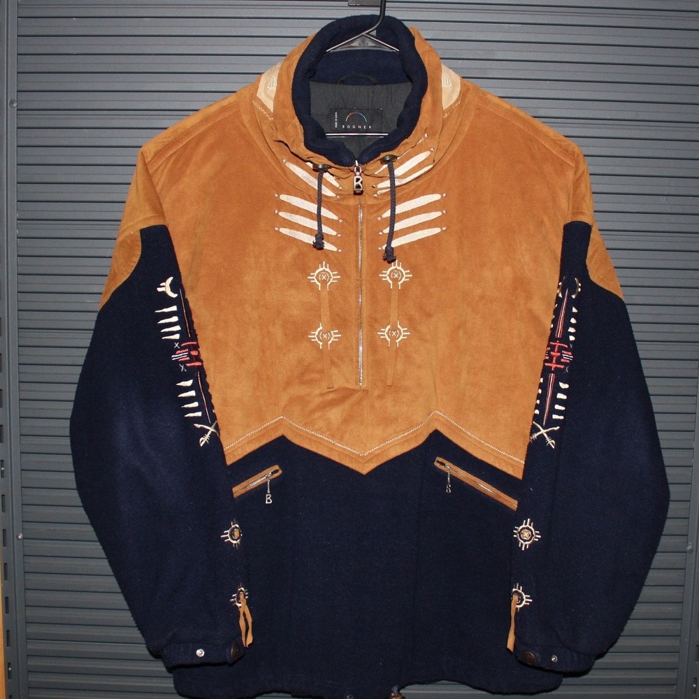 Bogner Jacket Mens XL Brown Navy Blue Fleece 1/4 Zip Western Southwestern VTG